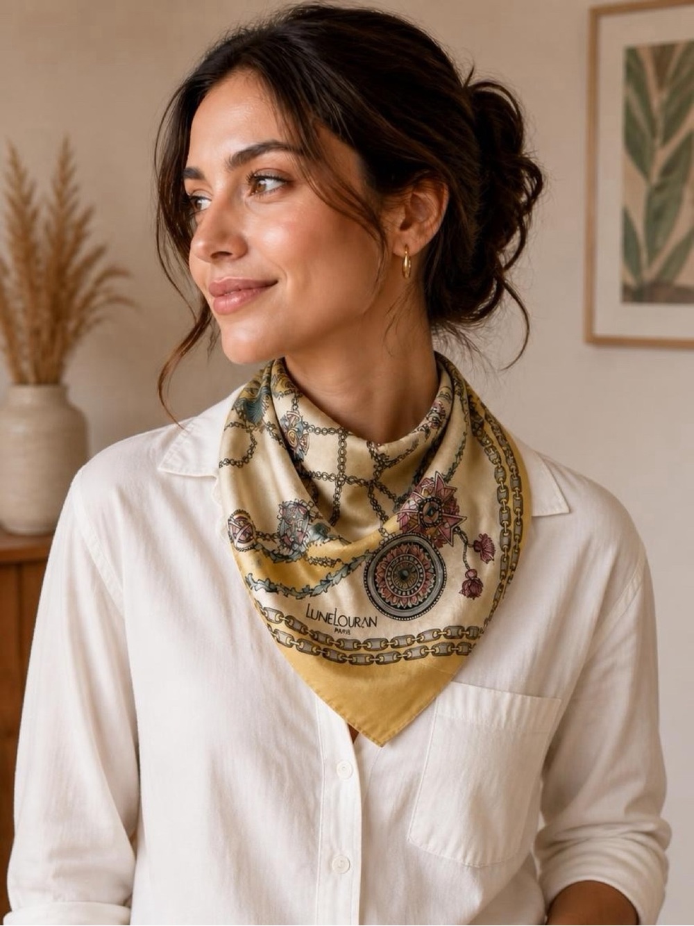 Lune Louran Paris Chain Medallion Handkerchief Scarf 20x20 Yellow Cream